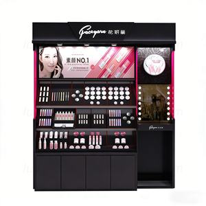 Vitrine de présentation tout-en-un en bois avec éclairage LED, panneau publicitaire, miroir de maquillage et tiroirs pour stand de cosmétiques de vente au détail - Product Image 4