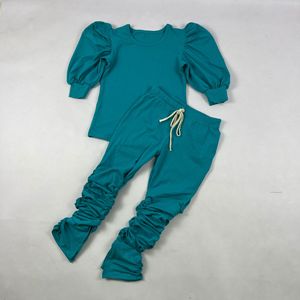QL2022 Wholesale Casual Joggers Outfit Solid Cotton Puffsleeve Top + Stack <b>Leggings</b> Sportswear Outfits Kid Clothing - Product Image 2