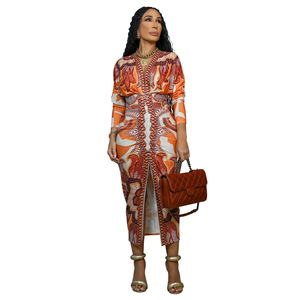 <span class=keywords><strong>Robe</strong></span> fendue sexy à manches longues et col en V imprimé multicolore pour femme - Nouveauté 10798 - Product Image 2