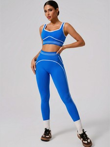 Women Seamless 2 Piece <b>Yoga</b> <b>Set</b> Solid Front Logo Scoop Neck Sports Bra High Waist Workout Leggings Gym Fitness Outfit - Product Image 1
