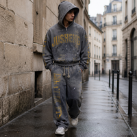Nouvel ensemble de survêtement streetwear personnalisé grande taille, coupe courte, effet usé, avec fermeture éclair, strass, pantalon de survêtement évasé ample et sweat à capuche