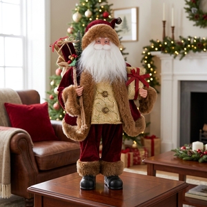 Grande figurine de Père Noël en velours rouge vin texturé or pour décorations de Noël - Product Image 2