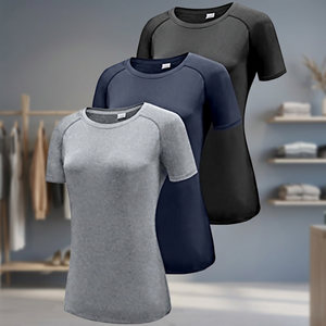 Camiseta de manga corta con cuello redondo para mujer, de color liso, transpirable, elástica, talla regular - Product Image 1