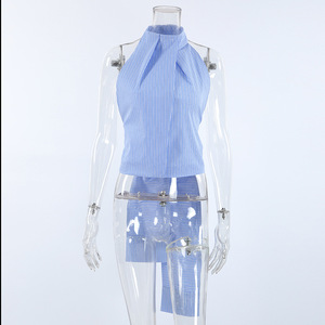 Women's Short Jacquard Halter Neck Open-Back Striped <b>Spaghetti</b> <b>Strap</b> Summer Top Vest Fashion - Product Image 2