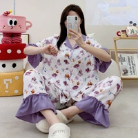 Nouvelle collection été-automne : Ensemble de pyjama pour femme en coton mousse, avec cardigan à manches courtes, imprimé dessin animé, manches à volants et taille élastique.
