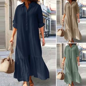 Robe chemise pour femmes en gros OEM |   Col semi-ouvert ample à manches longues |   Vêtements décontractés pour les vacances et le quotidien - Product Image 3
