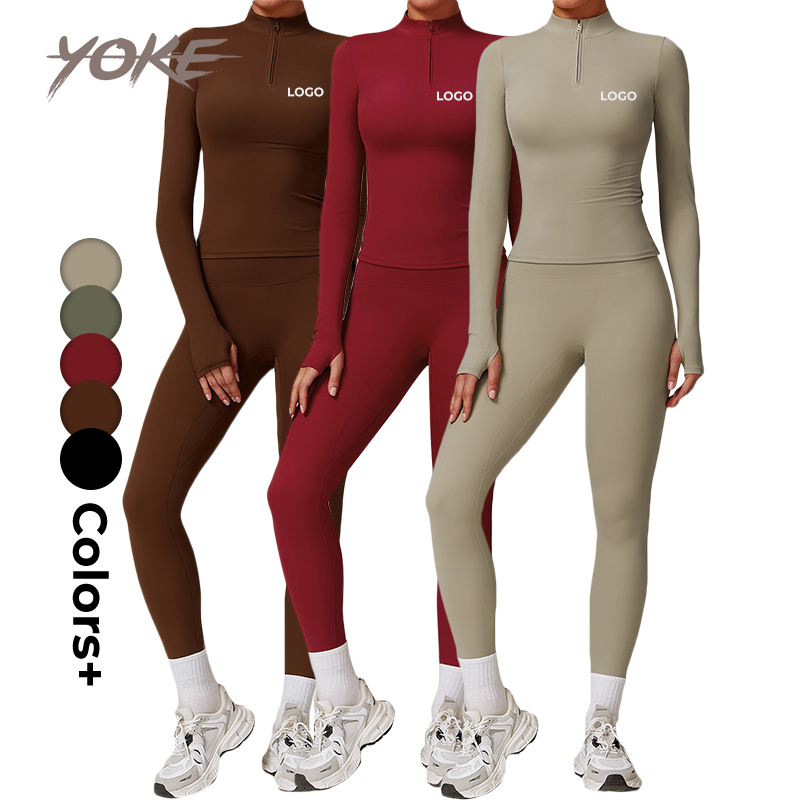 YK Custom Logo Stand Collar Zipper Long Sleeve Yoga Wear 4 Piece Workout Yoga Tops Sports Bra Elastic Waist Products Set