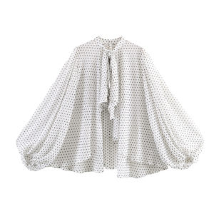Chemisiers à manches longues décontractés à imprimé <span class=keywords><strong>pois</strong></span> blancs à col rond pour femmes - Product Image 1