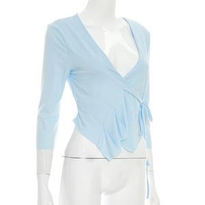 Viviblook Q26TP086 – haut décontracté pour femmes, couleur unie, col en v profond, haut court à lacets pour dames, nouvelle collection été - Product Image 5