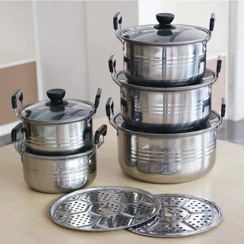 2023 Pot haut 10 pièces en acier inoxydable Pot à soupe couvercle en acier épaissir ménage Double poignée ustensiles de cuisine Pot ensemble