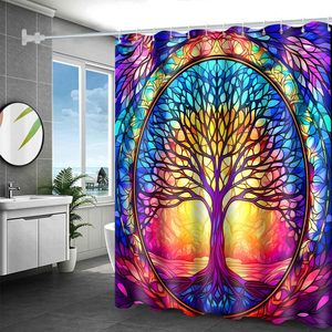 Arbre vie vitrail rideau de douche lavable Polyester coloré salle de bain décor à la maison avec Peva matériel Stock disponible - Product Image 4