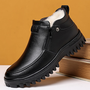 Bottes à lacets pour hommes en cuir véritable, bout rond, doublure en fourrure, semelle en caoutchouc, chaudes pour l'hiver, antidérapantes, bottes de neige pour l'extérieur - Product Image 1