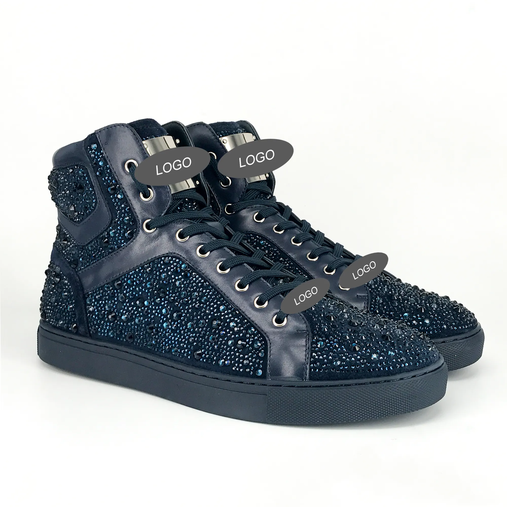 MIE2 Man-made Diamonds sharp design Navy Blue rhinestone leather sneaker high top sneaker