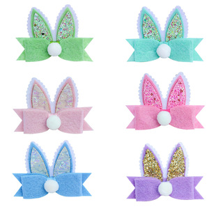 Handmade Colorful Glitter Easter Rabbit Ear <strong>Hair</strong> Bow <strong>Clip</strong> Kids' Cartoon Style <strong>Felt</strong> Fabric <strong>Hair</strong> Accessories Metal Wholesale Girls