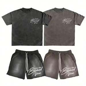 Venta caliente verano impreso gráfico hombres camisetas y corto 2 piezas conjuntos ácido lavado Vintage hombres conjunto - Product Image 1