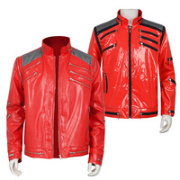 Anime Punk Superstar Jackson Rote Lederjacke Cosplay Kostüm Herren Klassisches Bühnenoutfit Schulter-Mesh Mehrere Reißverschluss-Details