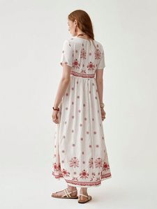 <b>Summer</b> Casual Natural Waist Regular Fit Washable Women Vintage Western Boho Style Short Sleeve Puff <b>Halter</b> Long <b>Dress</b> White - Product Image 5