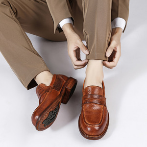 Chaussures habillées en cuir véritable pour hommes, à bout rond, à enfiler, avec semelle extérieure en caoutchouc amortie, pour toutes les saisons, couleur unie, livraison directe - Product Image 3