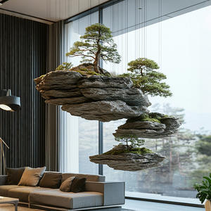 Смоделированный мечтательный зеленый плавучий остров с креативными рокариями и подвесными моховыми растениями, коммерческие украшения для окна сада - Product Image 5