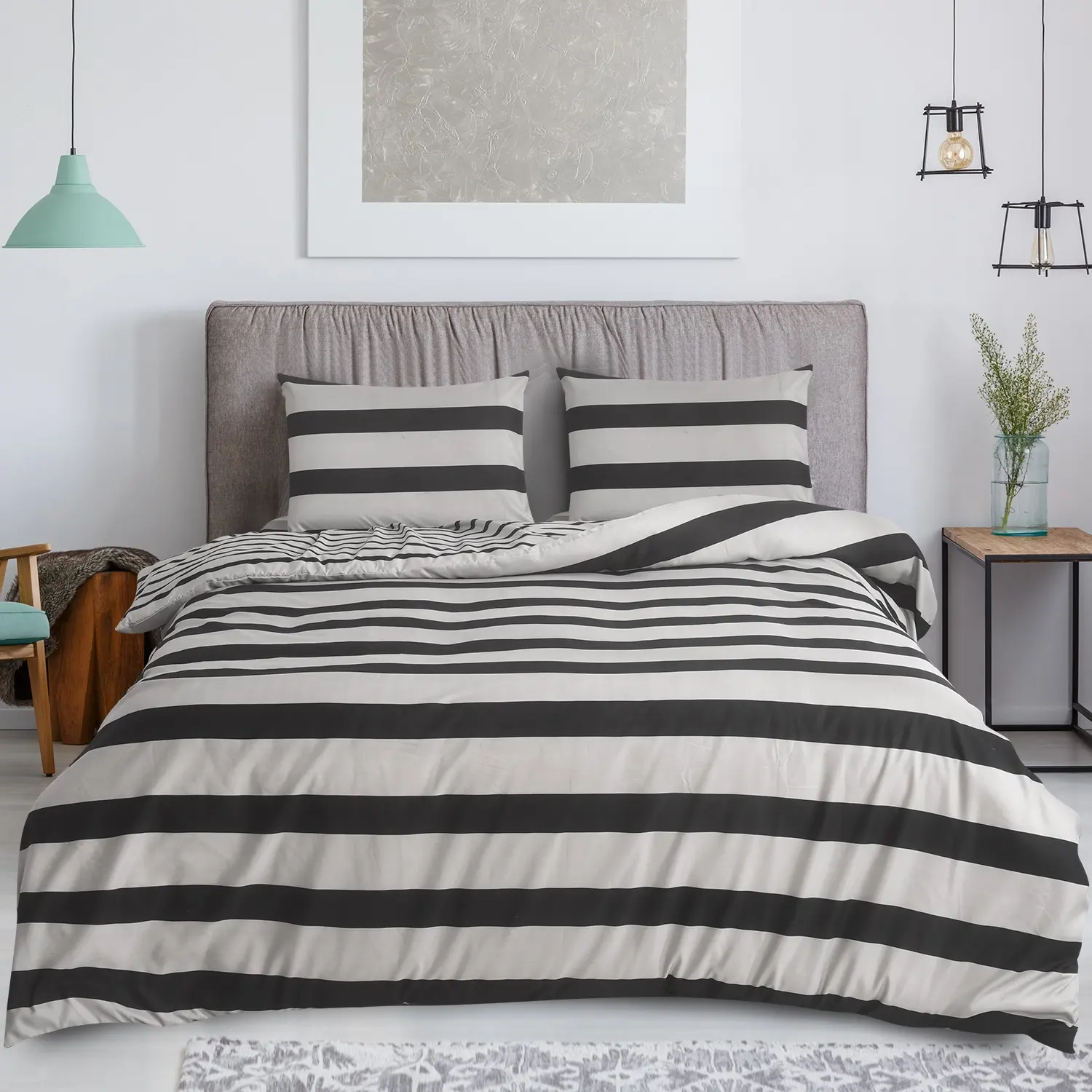 Customized Geometric Stripe Print Queen King Size bedding set 100% cotton Feeling duvet cover bed sheet