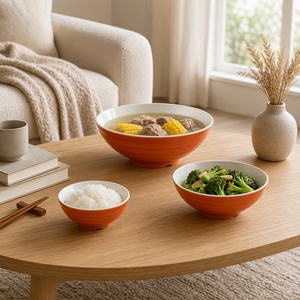 Ensemble de bols à nouilles en mélamine côtelée écologique sur mesure, couleur orange brûlé à l'extérieur, blanc à l'intérieur, vaisselle asiatique - Product Image 6