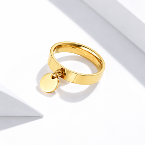 Gold Tone Disc <b>Charm</b> Ring Polished Wide Band with Round Dangle Pendant Minimal Statement Jewelry - Product Image 1