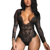 Ensemble de lingerie sexy en dentelle noire à manches longues, grande taille, pour femmes, lingerie sexy, tenue de danse de scène pour filles, tenue de soirée