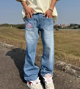 Custom Design Y2K Jeans With Chenille Embroidery Men's Baggy Pants Vintage Washed Jean Pants Men Jeans