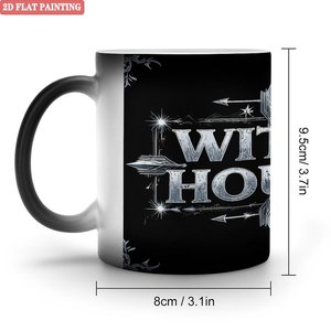 Tasse sensible à la chaleur Witch House 11oz en céramique noire givrée, vierge pour sublimation - Product Image 1