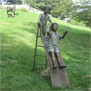 BLVE Life Size Decor Antique Brass Statue Metal Casting Bronze Girl And Boy Playing WIth Sliding Sculpture