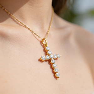 CUSTOM SILVER 10K/14K/18K GOLD PLATED LAB GROWN CVD DIAMOND CLASSIC ENGAGEMENT GIFT SWEATER <b>CHAIN</b> NECKLACE <b>CROSS</b> PENDANT VS - Product Image 3