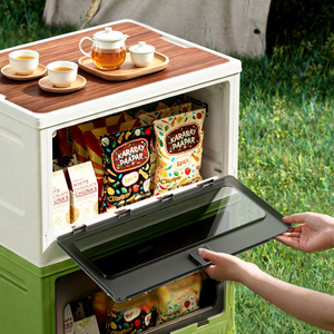 Foldable Plastic <b>Storage</b> <b>Box</b> Stackable Organizer Bin with Wooden Lid Magnetic Side Door 50L for <b>Camping</b> Car Home - Product Image 5