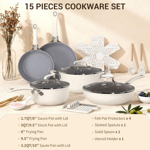 Juego de Utensilios de Cocina de Cerámica Antiadherente de 15 Piezas con Diseño de Rayas Verticales, Olla, Sartén, Apto para Lavavajillas, Inducción y <span class=keywords><strong>Gas</strong></span> - Product Image 6