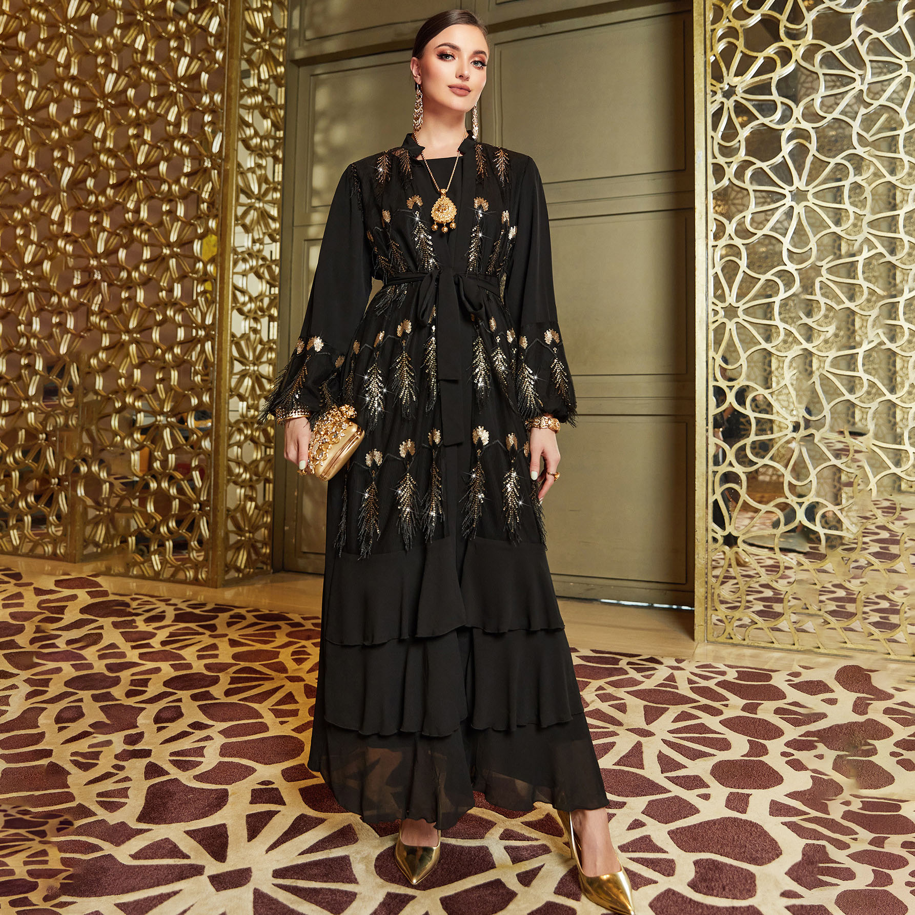 Muslim 2 Pieces Abaya Set Black Shimmer Feather Sequin Cardigan Short  Sleeve Inner Long Dress Modest East Middle Evening Dress| Alibaba.com