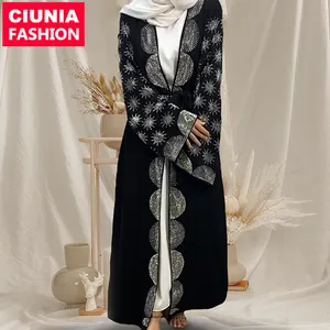 1423 # B, женский роскошный открытый классический черный блестящий серебристый горячий дизайн с карманами, новейший мусульманский черный кардиган