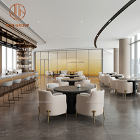 Ensemble de mobilier moderne pour café, restaurant, deux tables rondes en bois et quatre chaises en cuir blanc, canapé en tissu