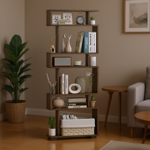 Libreria a 6 Ripiani in Legno di Noce, Design Moderno e Minimalista, Autoportante per Soggiorno, Kit Anti-Ribaltamento Incluso - Product Image 2