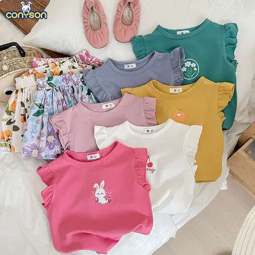 Conyson Girls short-sleeved set 2024 summer new children clothing wholesale girls toddler butterfly print t-shirt two-piece set