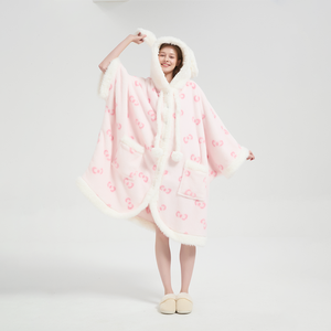 सर्दियों के पोंचो शॉल रैप कैप कंबल पोंचो हुक हुक वाले नरम फ्फी खरगोश के फर पहनने योग्य ऊन कंबल - Product Image 4