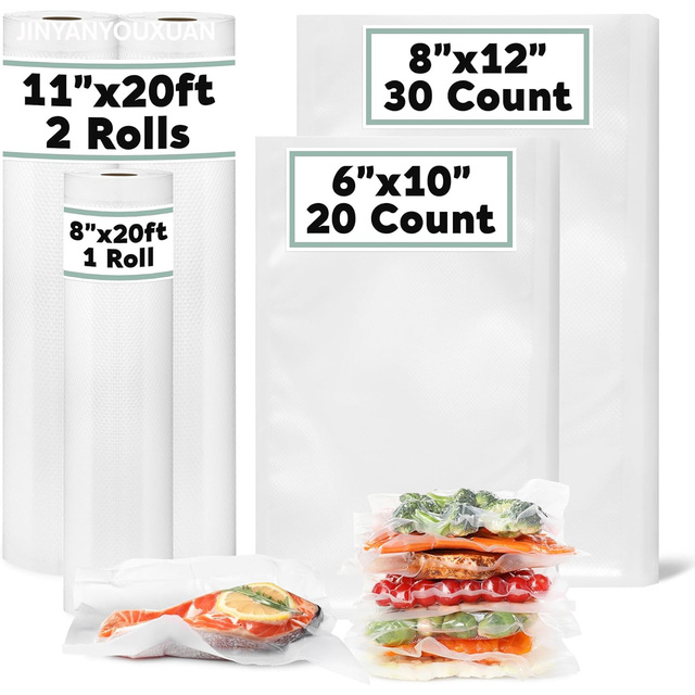 Vacuum Sealer Bags Rolls Heavy Duty BPA-Free CPE Material Waterproof Pre-Cut Custom-Sized Food Storage Meal Canned Food Food