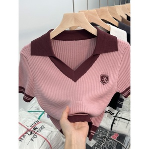 <span class=keywords><strong>Chemise</strong></span> polo <span class=keywords><strong>chic</strong></span> pour femmes en soie glacée d'été, tricotée, unique, col en V, manches courtes - Product Image 4