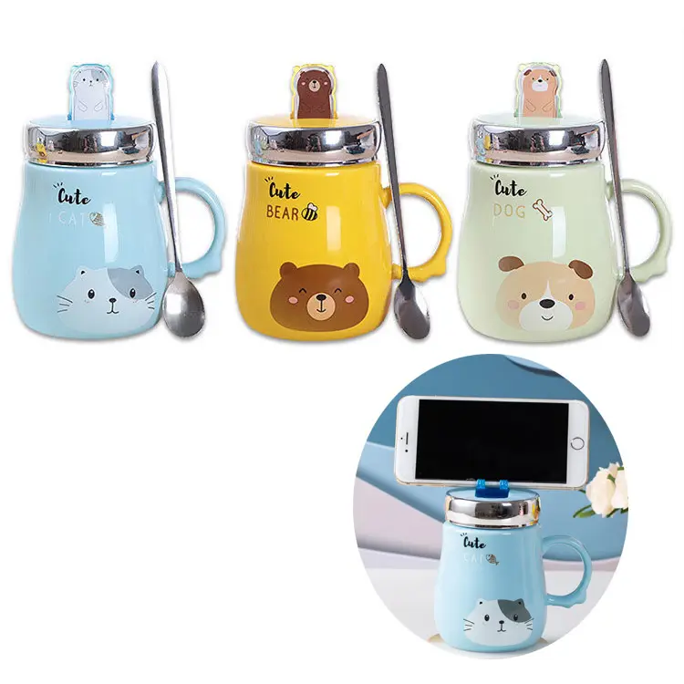 Hot Sale 480ml Creative Cute Cartoon Holiday Kids Pink Ceramic Tea Cup Mug Mirror Lid with Mobile Phone Holder
