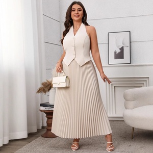 Colección Primavera Verano 2025: Conjunto de Falda Larga Plisada y Top sin Mangas con Cuello en V para Mujer, Tallas Grandes, Corte Entallado y Largo hasta el Suelo - Product Image 1