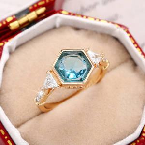 F1669 Hexagon Gemstone <b>Ring</b> Gold Plated Women's Engagement <b>Crystal</b> Rhinestone Jewelry Fine <b>Rings</b> - Product Image 1