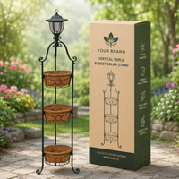 Support de Jardinière Solaire à 3 Niveaux avec Paniers en Fibre de Coco, Grand Cadre en Fer pour Décoration de Jardin, Patio et Cour Quotidienne