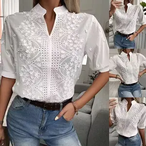 Blusa feminina com gola alta bordada, camisa esqueleto temperamento manga versátil de cinco minutos, novidade da moda por atacado