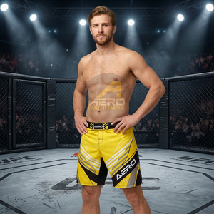 Shorts MMA unisexes AERO jaunes, impression par sublimation, évacuation de l'humidité, séchage rapide, respirant, coupe régulière pour les arts martiaux mixtes, 100% - Product Image 4