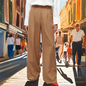 High Waisted Wide Leg <b>Trousers</b> Solid Color Pleated Front Loose Fit Full Length Minimalist Style Women's Pants <b>Summer</b> - Product Image 2