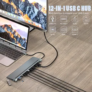 12-en-1 2 Usb 3,0 tipo C Hub 4k 2 HDMI Vga Rj45 1000m de Audio SD TF portátil estación de acoplamiento Dual Monitor