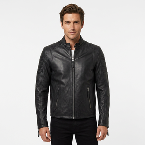 Chaqueta de Cuero Genuino Negra para Hombre, Corte Ajustado, Estilo Cafe Racer, Motociclista, Piel de Vacuno, Hombros Acanalados, Clásica, Personalizada, Cálida para Invierno - Product Image 1